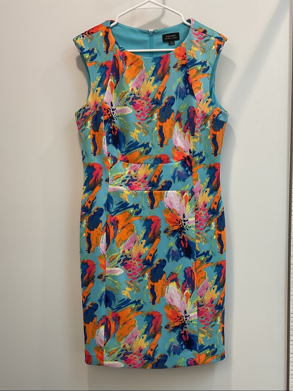 Tahari ASL Turquoise Multicolor Floral Watercolor Sheath Dress